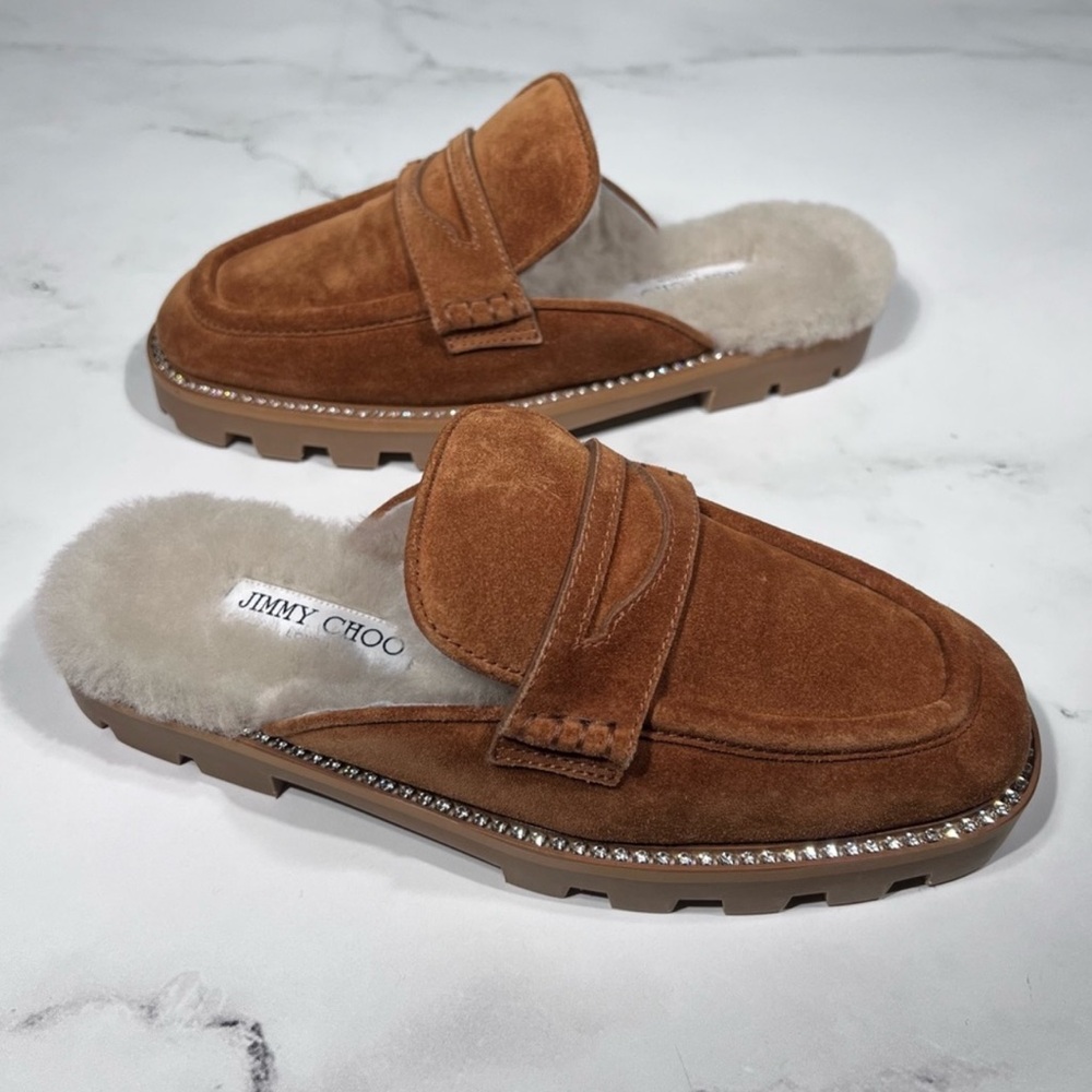 Jimmy Choo Ronnie Shearling Lined Crystal Welt Tan Natural Suede Mule Slip On